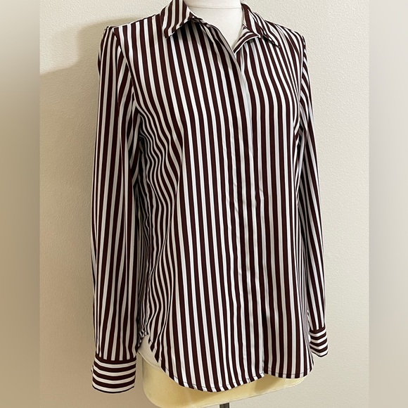 H&M Womens White & Brown Striped Silky Button Down Shirt Size Small - Picture 4 of 9